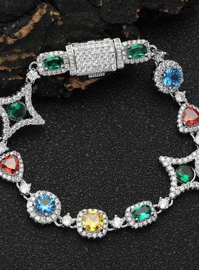 欧美跨境嘻哈珠宝配饰彩色宝石手链女流行饰品高级感锆石男士