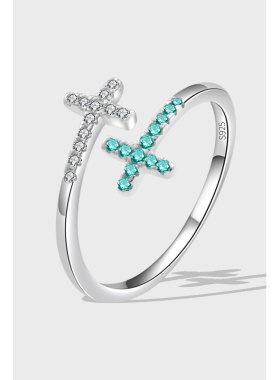 跨境热销新品s925纯银十字架开口锆石戒指女简约时尚欧美风食指环