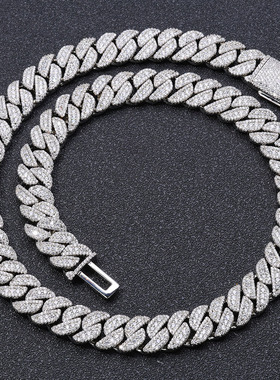 欧美跨境嘻哈14mm翻盖扣满钻锆石古巴项链男高级感饰品配饰批发