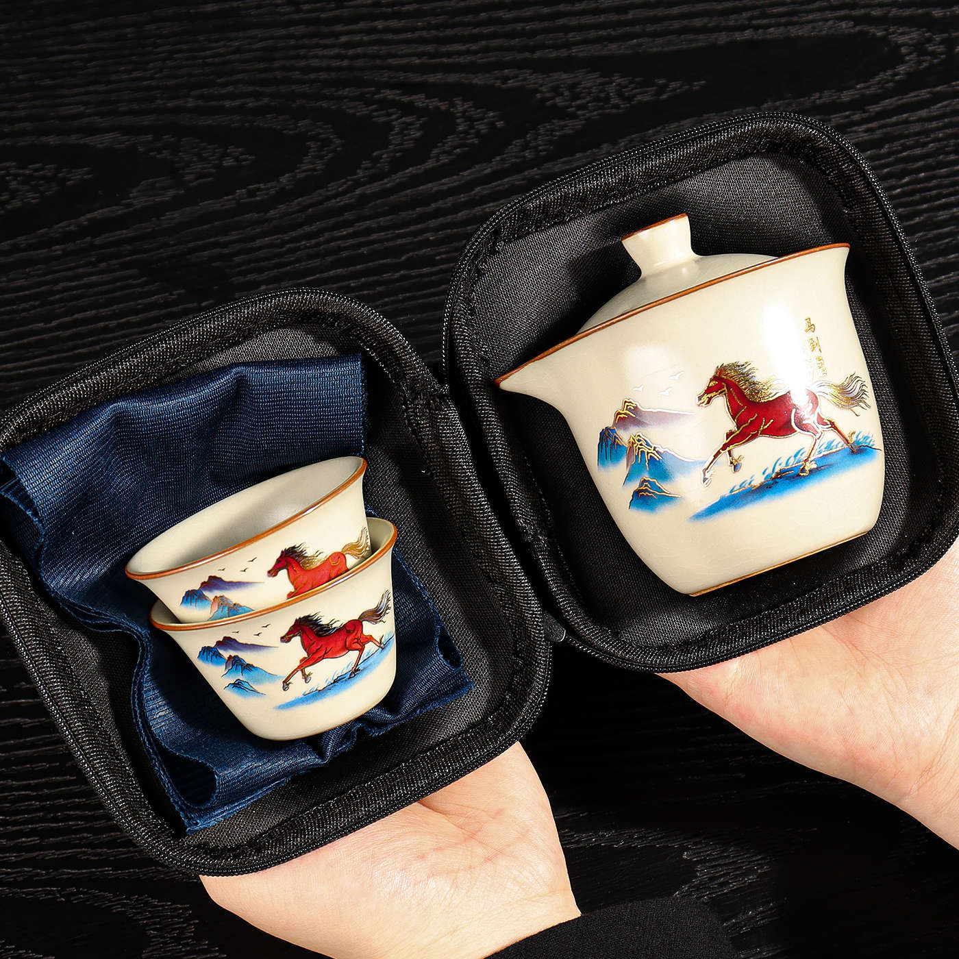 汝窑陶瓷便携快客杯变色旅行茶具套装一壶二杯户外露营泡茶壶茶杯