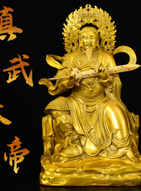 黄铜真武大帝铜像摆件铜玄武祖师玄天上帝客厅玄关装饰工艺品摆件
