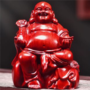 红色的弥勒佛像木雕摆件实木大肚笑佛木质如意送宝佛客厅招财装饰