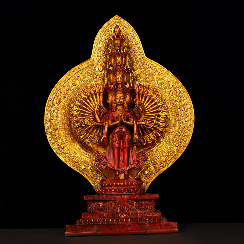 纯铜背光观世音摆件彩绘千眼千手站观音菩萨千臂观音家用客厅佛像