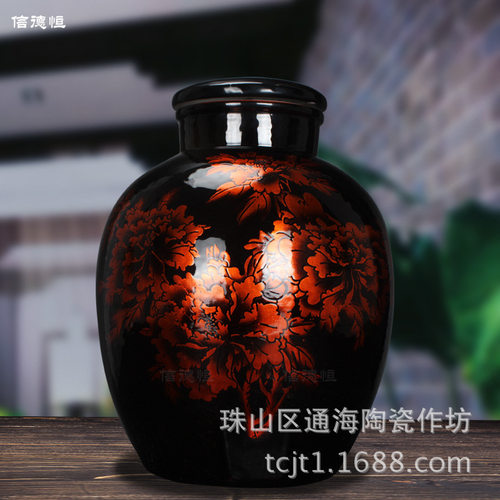 景德镇陶瓷10 20 30 50斤水晶釉黑金牡丹花酒坛酒瓶仿古高档陶瓷