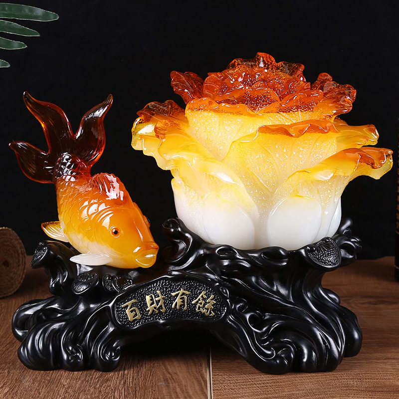 跨境货源树脂国潮百财有余鲤鱼玉白菜工艺品摆件招财商务礼品