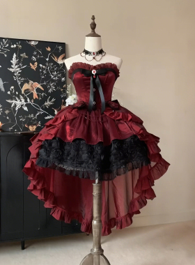 哥特风lolita裙子洛丽塔连衣裙女高端轻奢小众红色拖尾公主裙