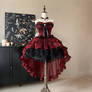 哥特风lolita裙子洛丽塔连衣裙女高端轻奢小众红色拖尾公主裙