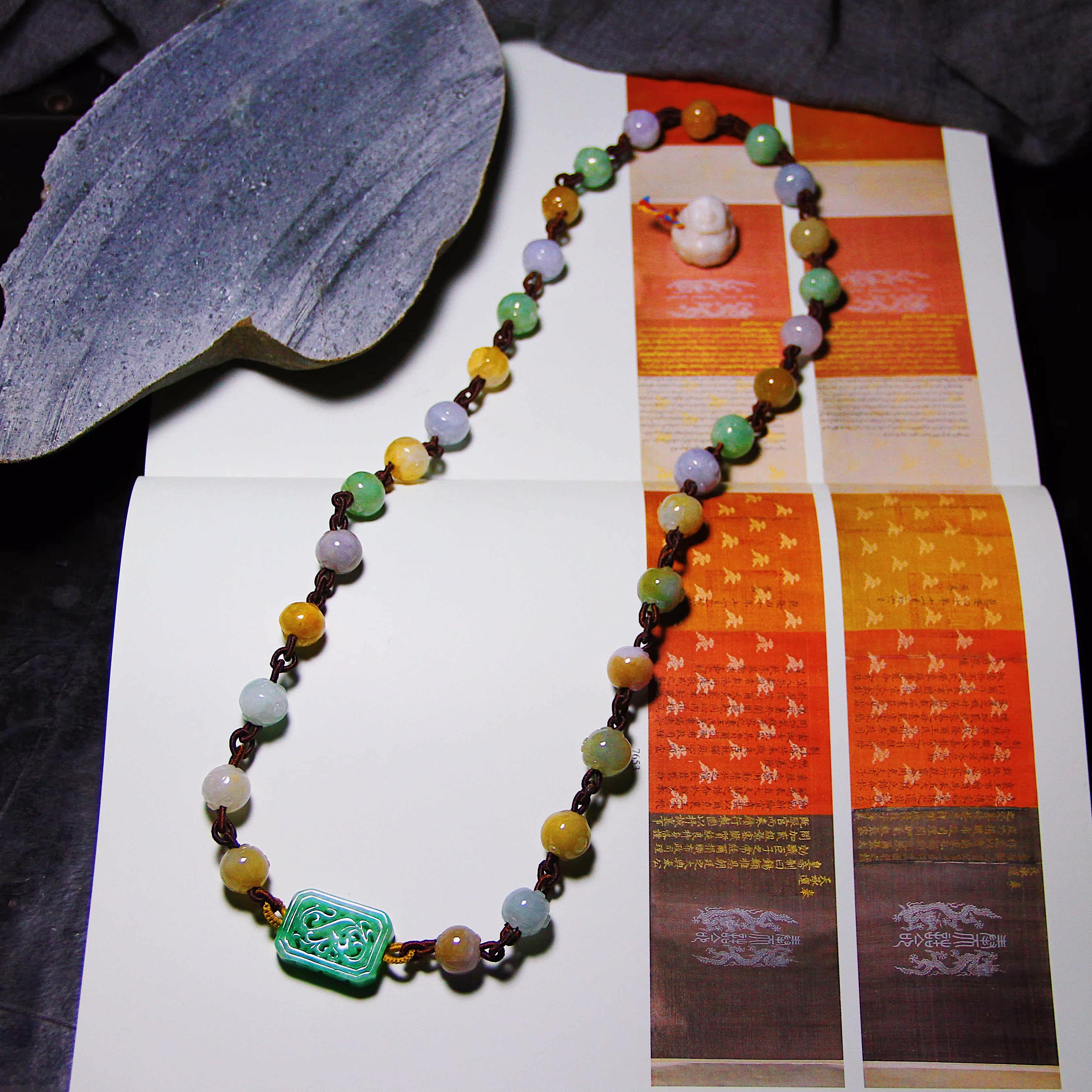 承李李原创设计 三彩翡翠雕珠镶嵌珠宝玉石 复古气质高级感项链女