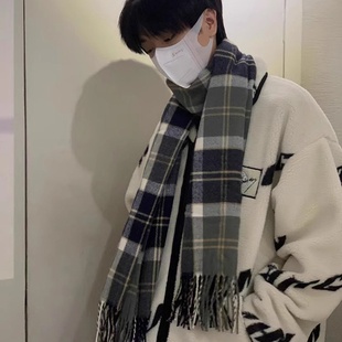 。围巾男式日系格子围巾男冬季毛线针织韩版百搭简约男士潮流个性