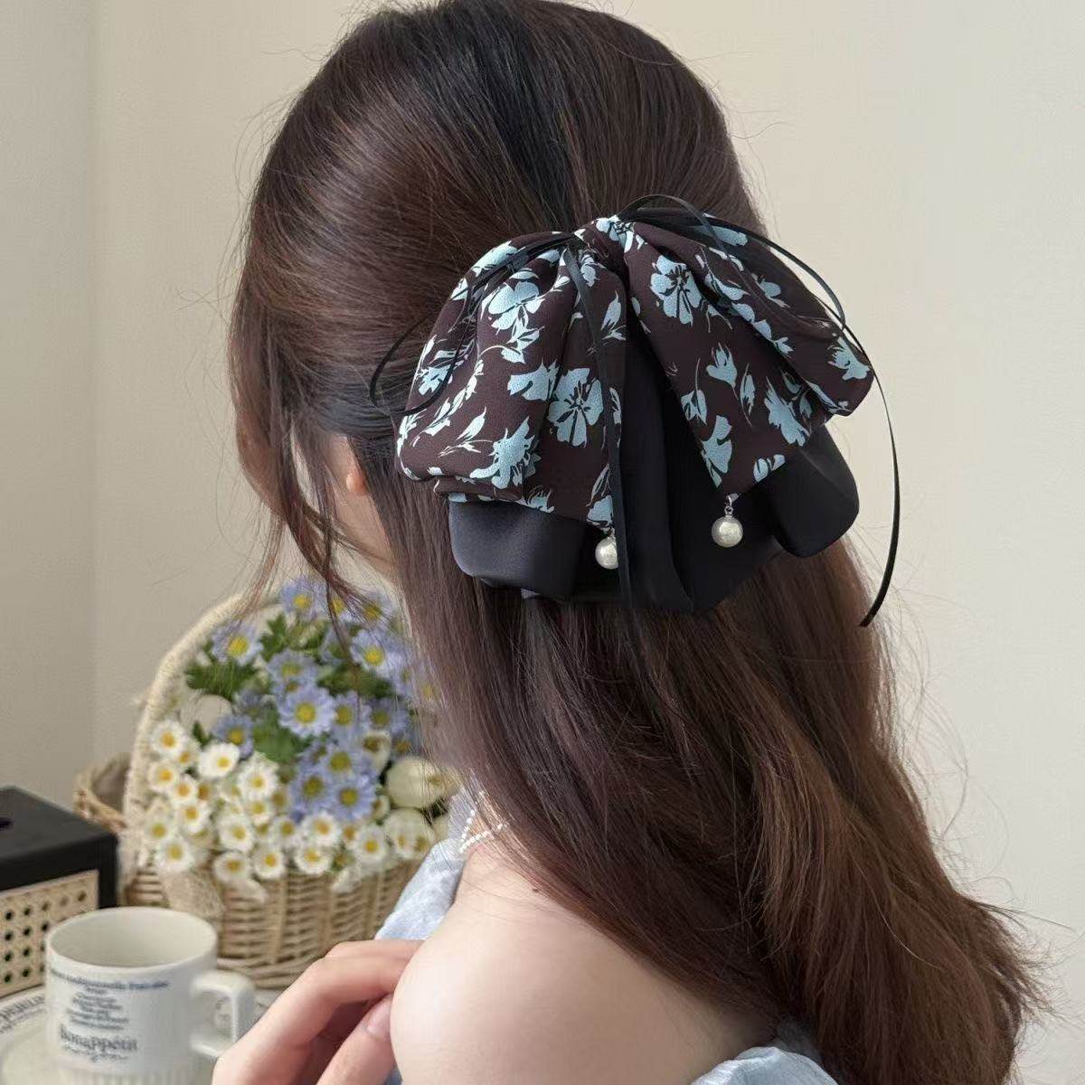 国风牵牛花印花立体蝴蝶结抓夹优雅百搭珍珠马尾发夹发饰头饰夹子,饰品/流行首饰/时尚饰品新,发饰,淘宝优惠券,粉丝福利购,淘宝优惠卷