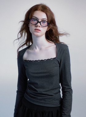 peur梯形领长袖T恤拼接蕾丝边日本进口法式芭蕾风纯色原创小众风