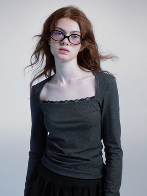 春季新款方领T恤蕾丝边美式复古