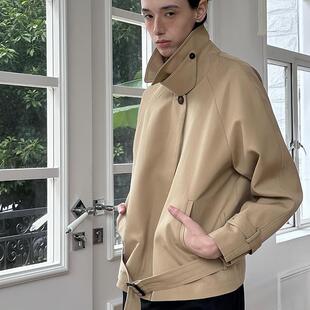 peur短款风衣外套率性简约立领巴恩风卡其色英伦风廓形羊毛真丝