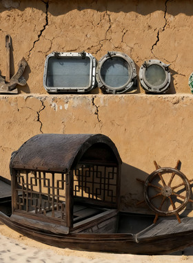 老式旧渔船船锚船窗复古装饰摆件