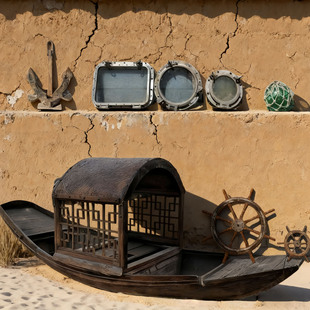 旧渔船老式乌篷船船锚挂饰船桨船舵装饰怀旧民俗文化景区摆件道具