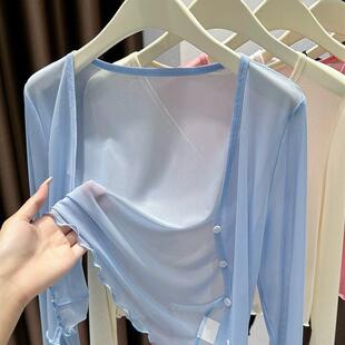 冰丝凉感薄纱防晒开衫女披肩夏季配裙子吊带外搭罩衫网纱上衣短版
