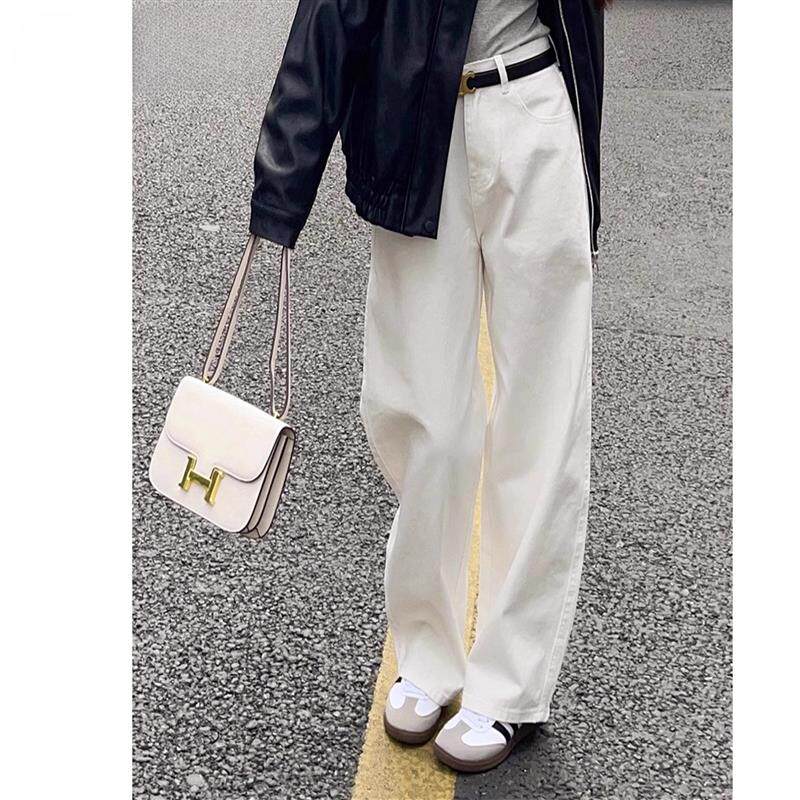 白色高腰直筒牛仔裤女春秋2026年新品宽松显瘦阔腿拖地加长裤
