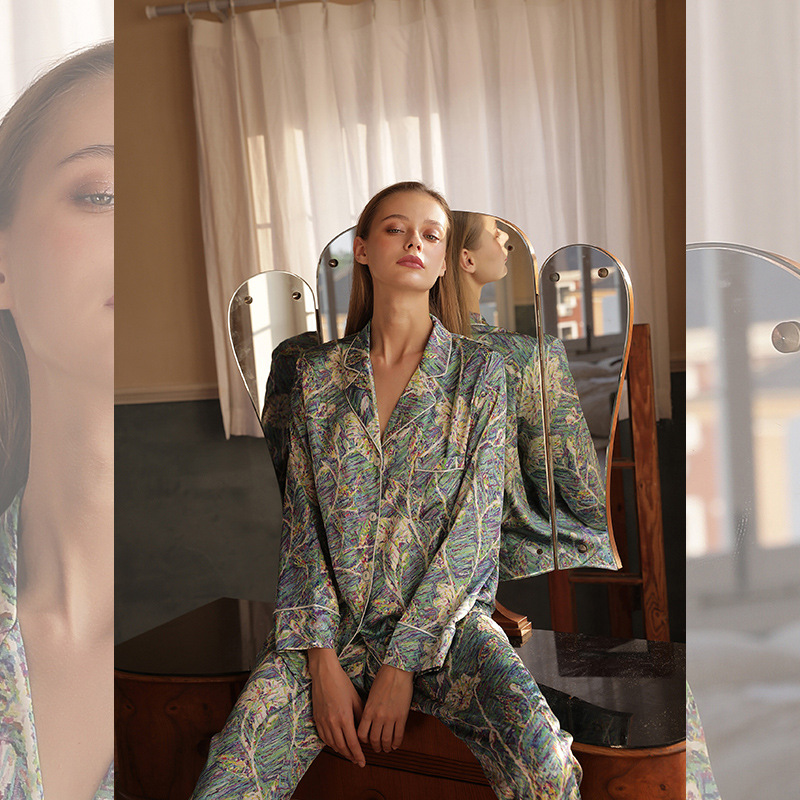 100%重磅桑蚕丝奢华真丝睡衣女凉爽舒服长袖印花宽松套装两件套