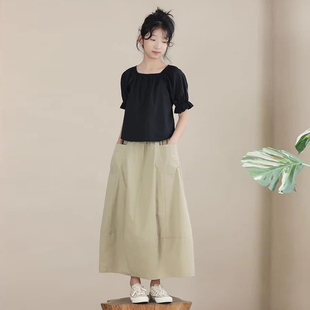 初中女孩夏装 裙 套装 文艺甜美方领上衣休闲灯笼半身裙大童女童套装