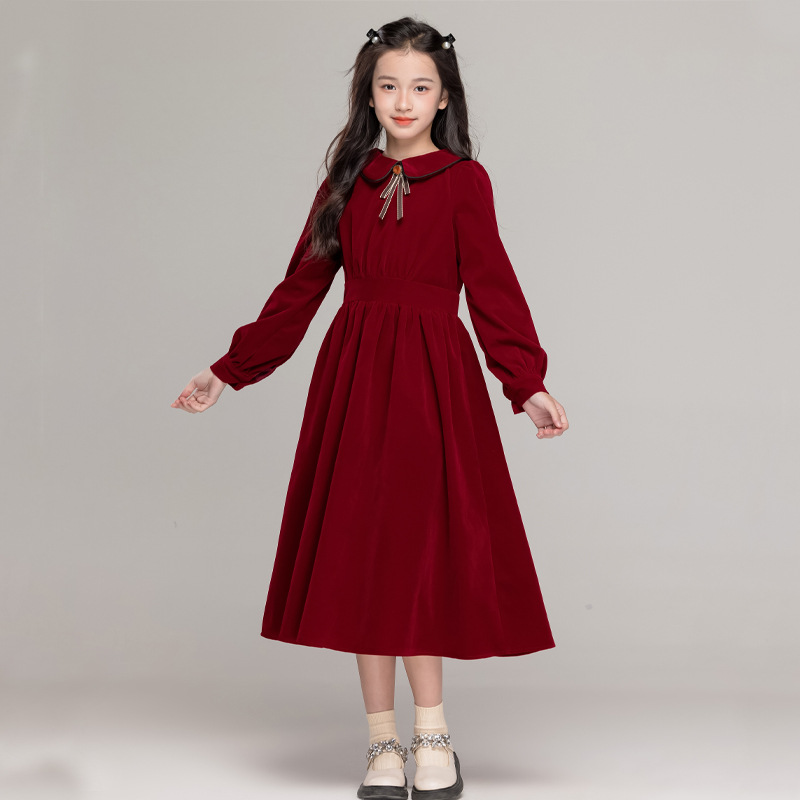 文艺复古娃娃领女童连衣裙秋冬红色裙子收腰加绒茶歇法式过膝长裙