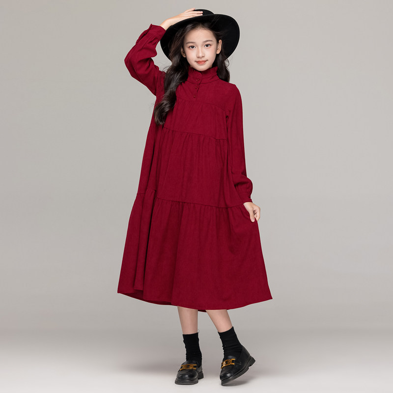 文艺复古女童加绒连衣裙秋冬款立领红色裙子小女孩赫本风黑色长裙