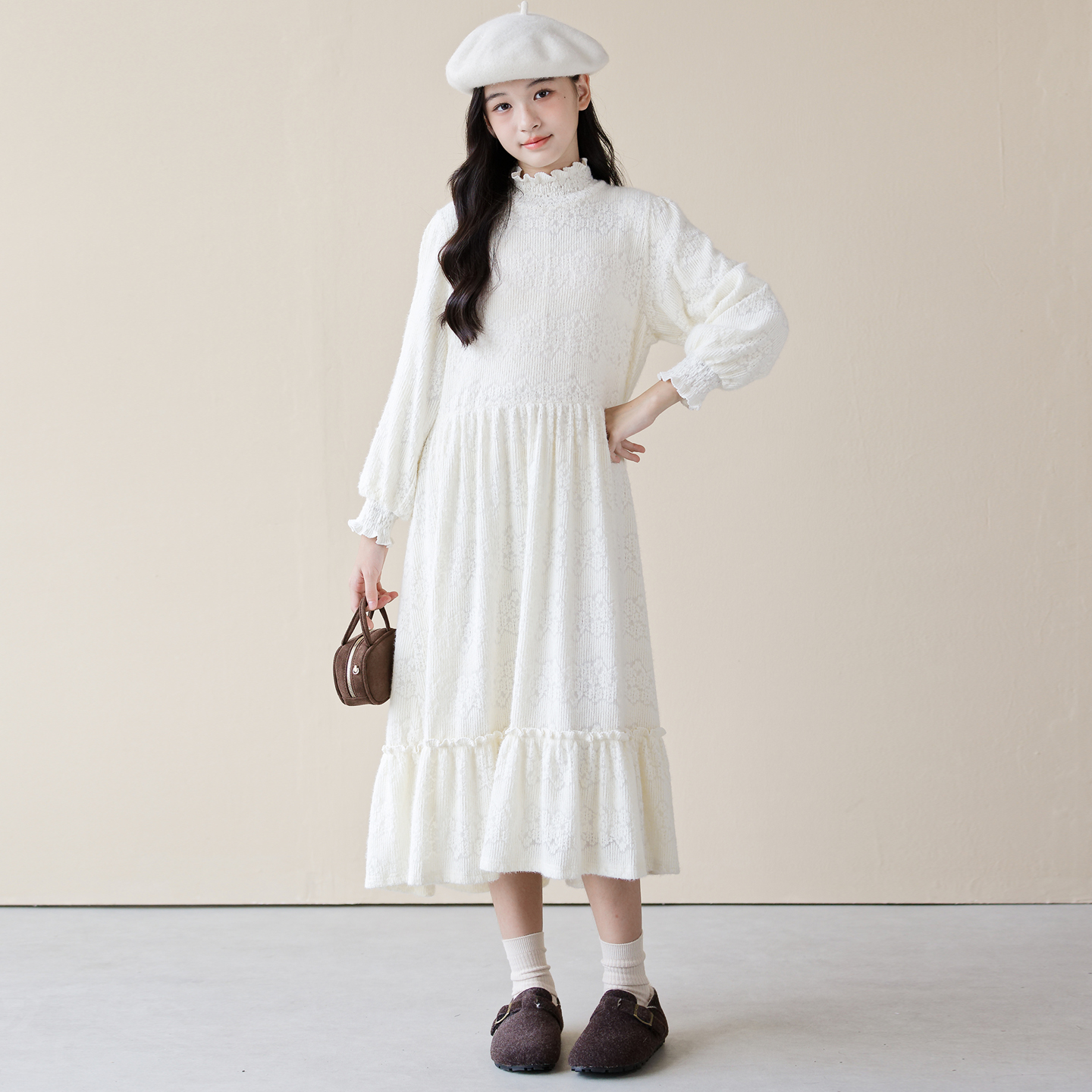 甜美法式宫廷风针织提花米杏色蕾丝连衣裙女童秋冬洋气毛衣公主裙