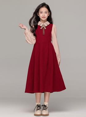 法式复古学院风女童红色连衣裙双层领拼色收腰假两件加绒过膝长裙