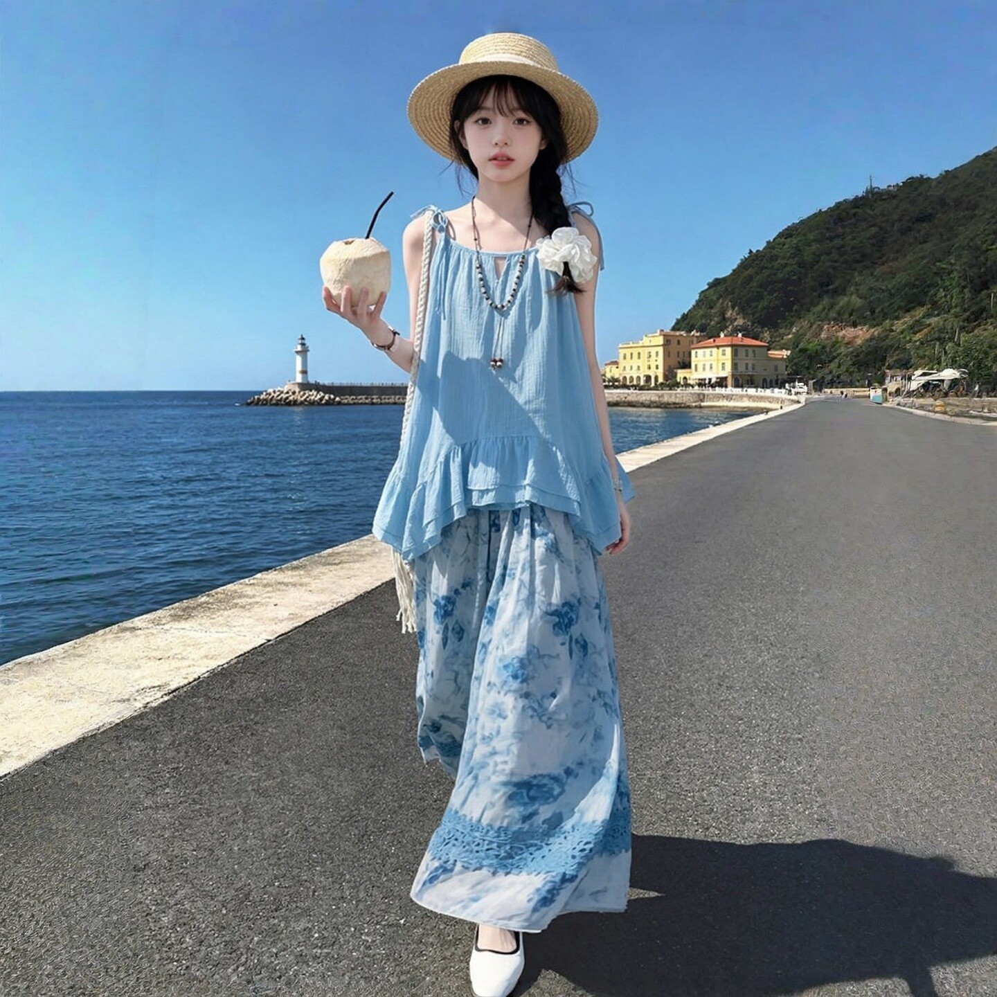清新蓝女童夏装套装裙子两件套图片