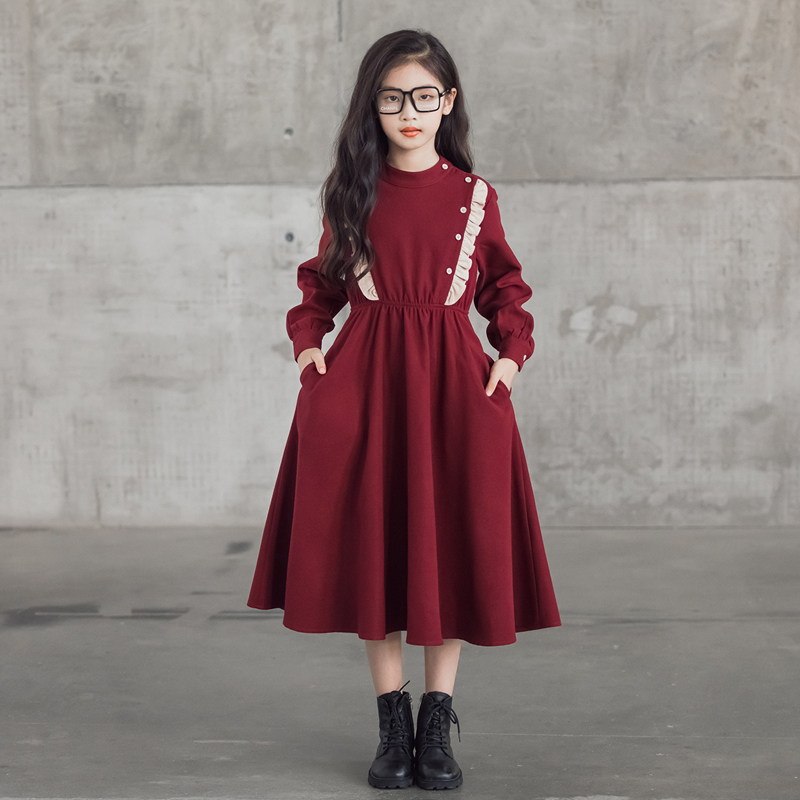红色裙子女童连衣裙加绒收腰小香风女大童秋冬长裙女孩长袖公主裙