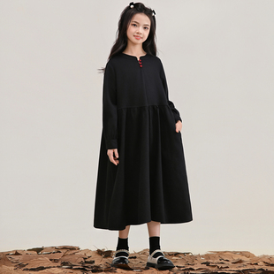 文艺森系宽松酒红色连衣裙女童加绒裙子初中生小女孩黑色休闲长裙
