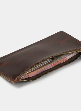 没有名字手作原创设计疯马皮钱包男女通用拉链长款简约薄款钱夹潮
