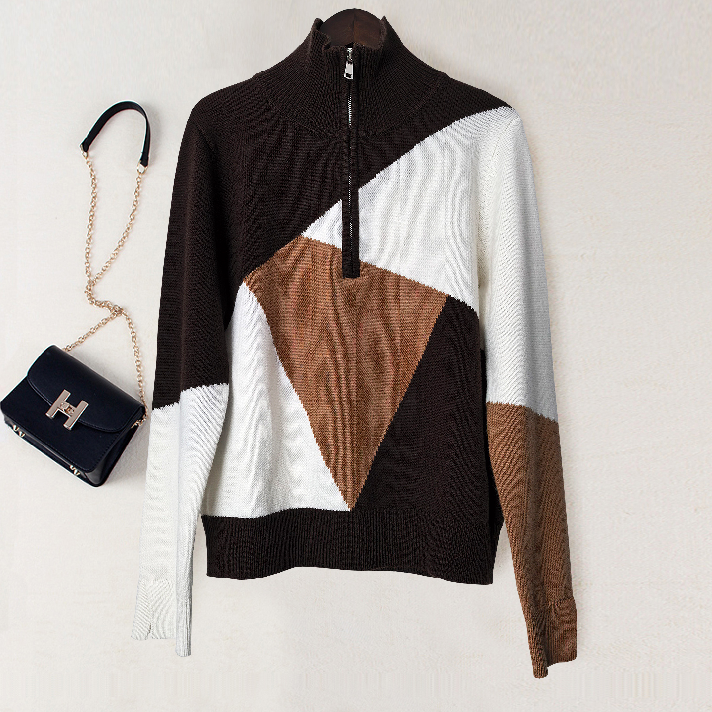 不规则拼色拉链翻领毛衣100羊毛