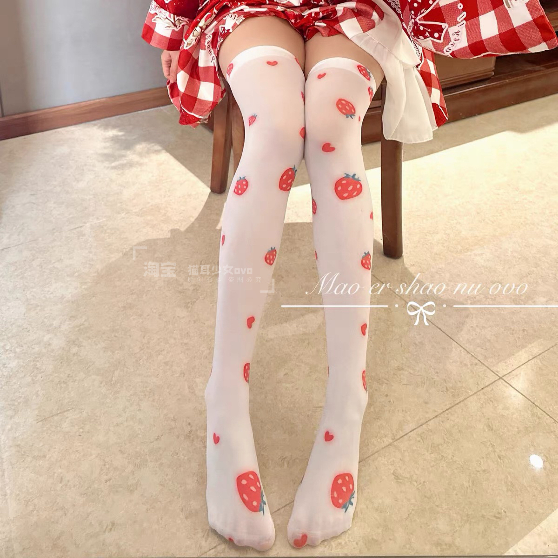 猫耳少女ovo 可爱草莓印花过膝袜动漫粉色洛丽塔Lolita长筒jk袜
