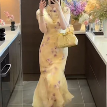 旗袍女夏日气质高级感超好看独特漂亮掐腰新中式黄色印花连衣裙子