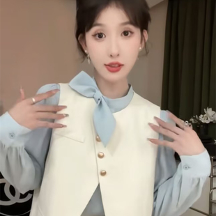 春装 搭配一整套女装 时髦洋气高级感超好看衬衫 马甲半身裙三件套装
