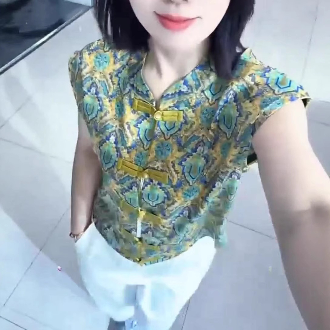 25592大爱美依缘2025夏季新款时尚中式复古文印无袖盘扣打底衫女