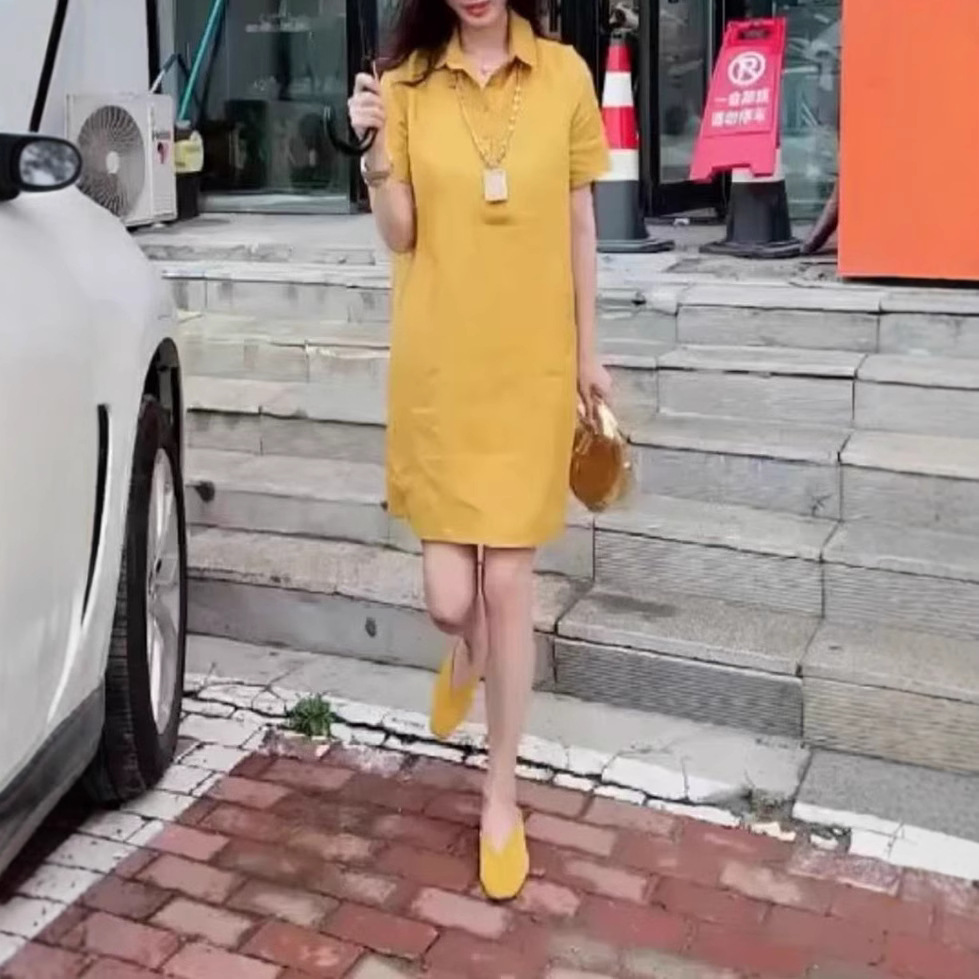 25250大爱美依缘2025夏季新款高级感纯色翻领短袖宽松显瘦连衣裙