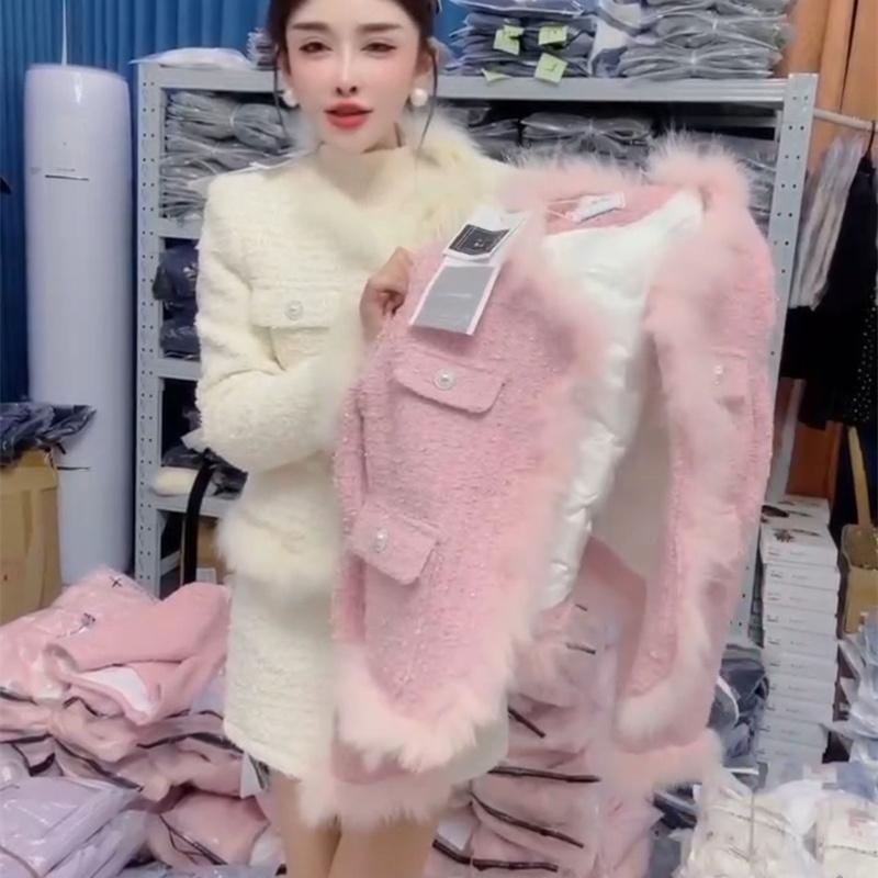 精致毛毛边外套短裙套装女