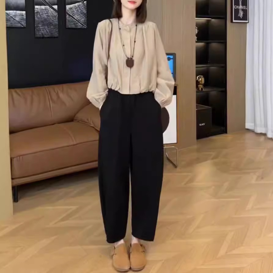 24678大爱美依缘2025秋季新高级感圆领长袖纯色衬衫宽松哈伦裤女