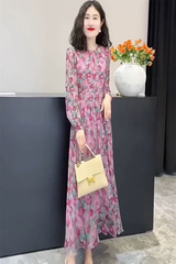 法式雪纺碎花连衣裙2024夏季新款圆领收腰长裙宽松薄款长袖防晒裙