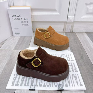 新款 女2025年冬季 韩版 真皮加绒厚底勃肯鞋 时尚 棉鞋 保暖休闲雪地鞋