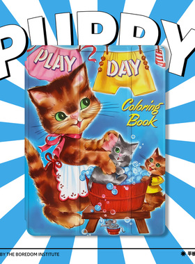 复古美式插画小猫挂衣服简约可爱蓝色潮适用于苹果2022款iPadPro12.9/11三折保护壳air5/mini6防摔气囊平板壳