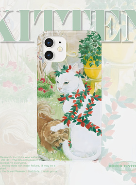 清新可爱小众白猫小狗插画适用于苹果IPhone12/13pro/14pro/15/16菲林手机壳imd硅胶软壳小米华为