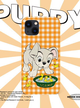 小众格纹橙色小狗可爱艺术插画多巴胺配色适用于苹果IPhone15/14promax/13pro/12/11/xs/16菲林手机壳IMD软壳