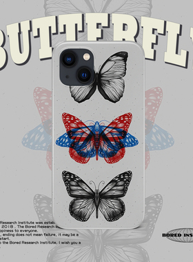 灰色简约蝴蝶小众手绘复古艺术欧美抽象适用于苹果IPhone15/14plus/13pro/12/11/16/16pro菲林手机壳IMD软壳