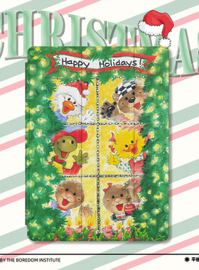 圣诞限定小众绿色小熊卡通绘画艺术潮流适用于苹果2022款iPadPro12.9/11三折保护壳air5/mini6防摔气囊平板壳