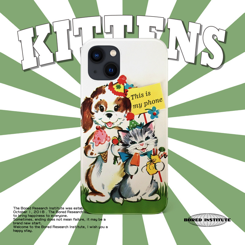 可爱猫咪小狗插画立牌简约卡通复古ins风适用于苹果IPhone15/14plus/13pro/12/11/16/16pro菲林手机壳IMD软壳