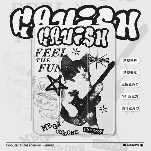 摇滚小猫可爱艺术海报插画ins风复古适用于苹果2024款iPadPro12.9/11三折保护壳air6/air5/mini7亚克力平板壳