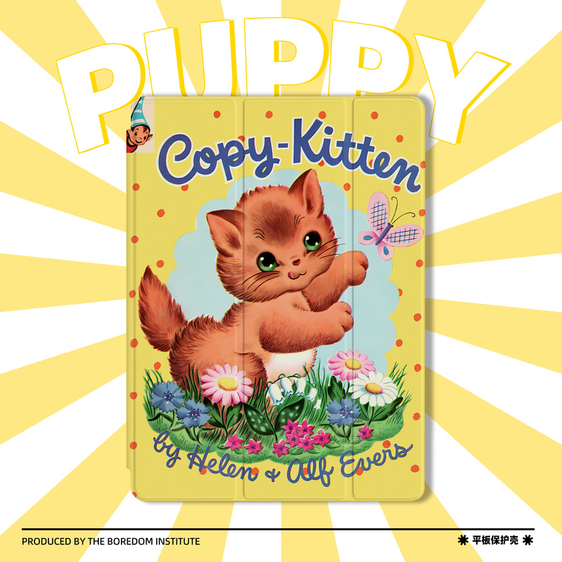 可爱清新艺术猫咪黄色背景卡通插画童趣适用于苹果2022款iPadPro12.9/11三折保护壳air5/mini6防摔气囊平板壳