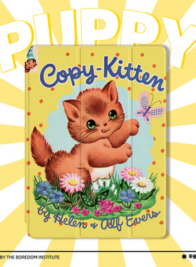 可爱清新艺术猫咪黄色背景卡通插画童趣适用于苹果2022款iPadPro12.9/11三折保护壳air5/mini6防摔气囊平板壳